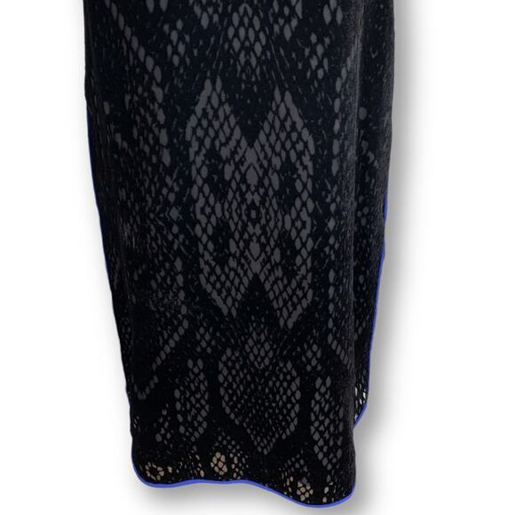 Rebecca Taylor Black Burnout Velvet Snake Print Slip Dress Blue Trim Size 4 - Picture 5 of 11